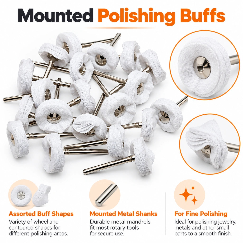 Mounted cloth polishing buffs set for rotary tools with product highlights