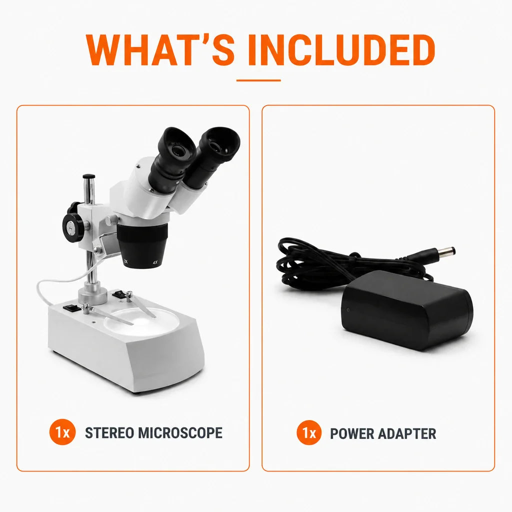 Package contents of Tooltos stereo microscope with power adapter