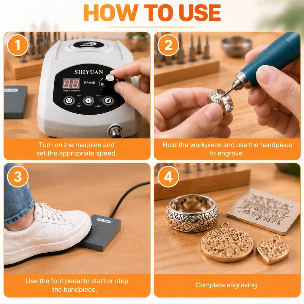 PRIME407 engraving machine guide showing speed adjustment, handpiece engraving, foot pedal operation and finished jewelry