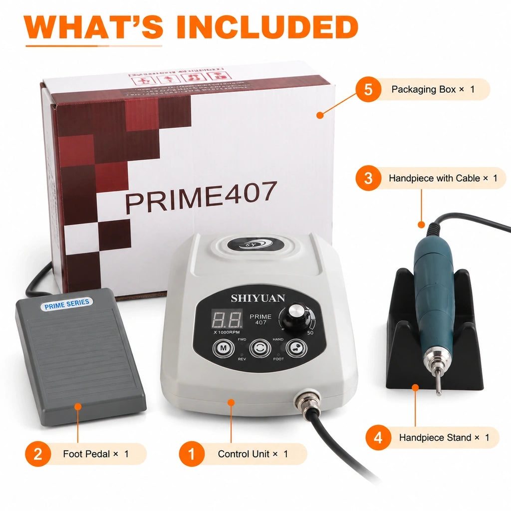PRIME407 package contents showing control unit, foot pedal, handpiece with cable, handpiece stand and packaging box