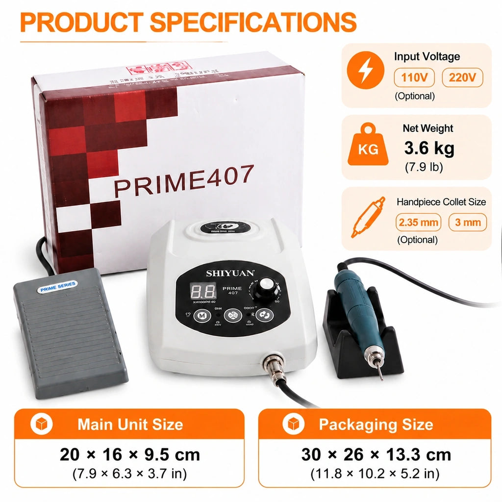 PRIME407 specifications showing 110V or 220V options, 2.35 mm or 3 mm collets, 3.6 kg net weight and dimensions