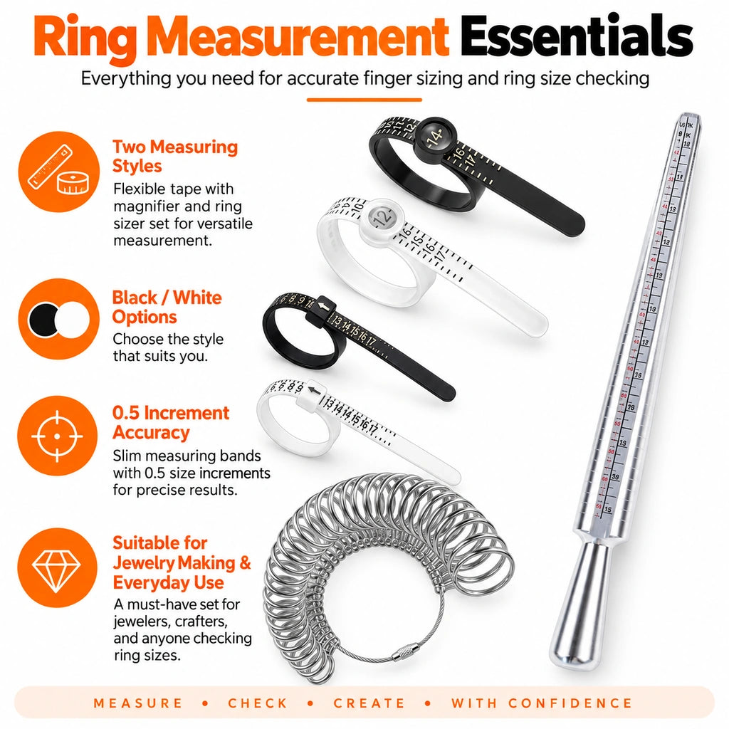 ring measurement tools with black and white measuring options half size bands alloy mandrel and ring sizer set