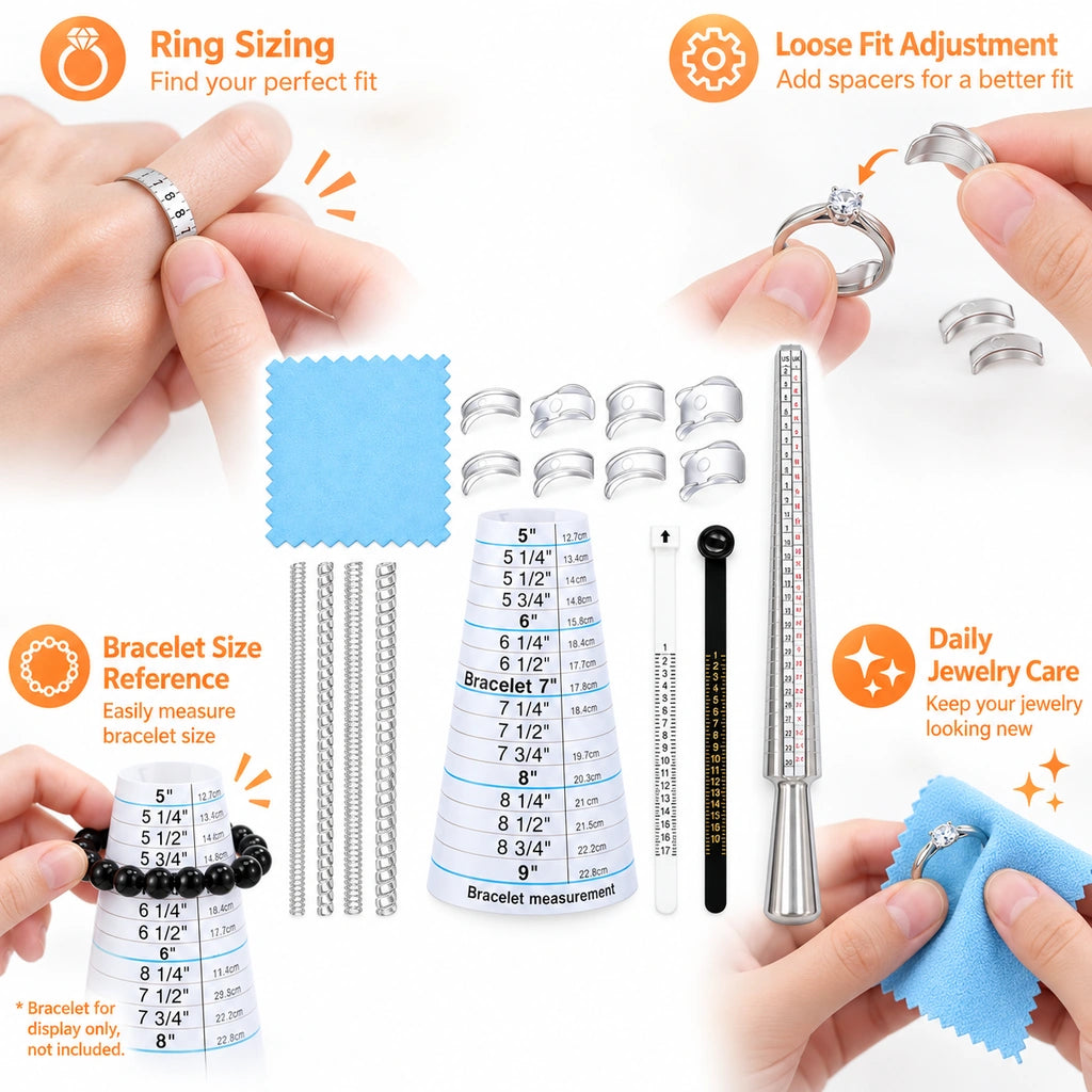 Ring and bracelet sizing tools for measuring jewelry size and adjusting loose ring fit