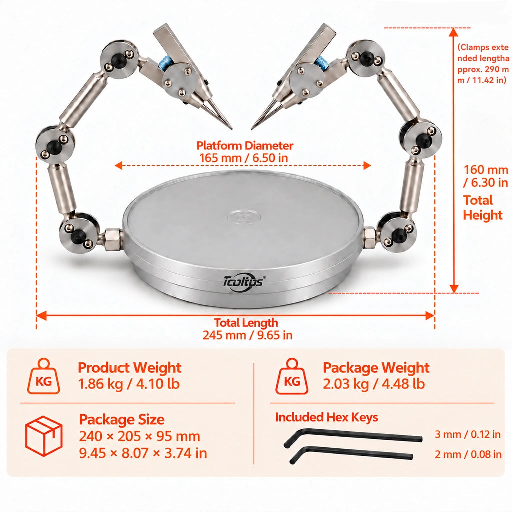 Helping hands dimension diagram showing a 165 mm platform, 245 mm total length, 160 mm height and 290 mm clamp reach