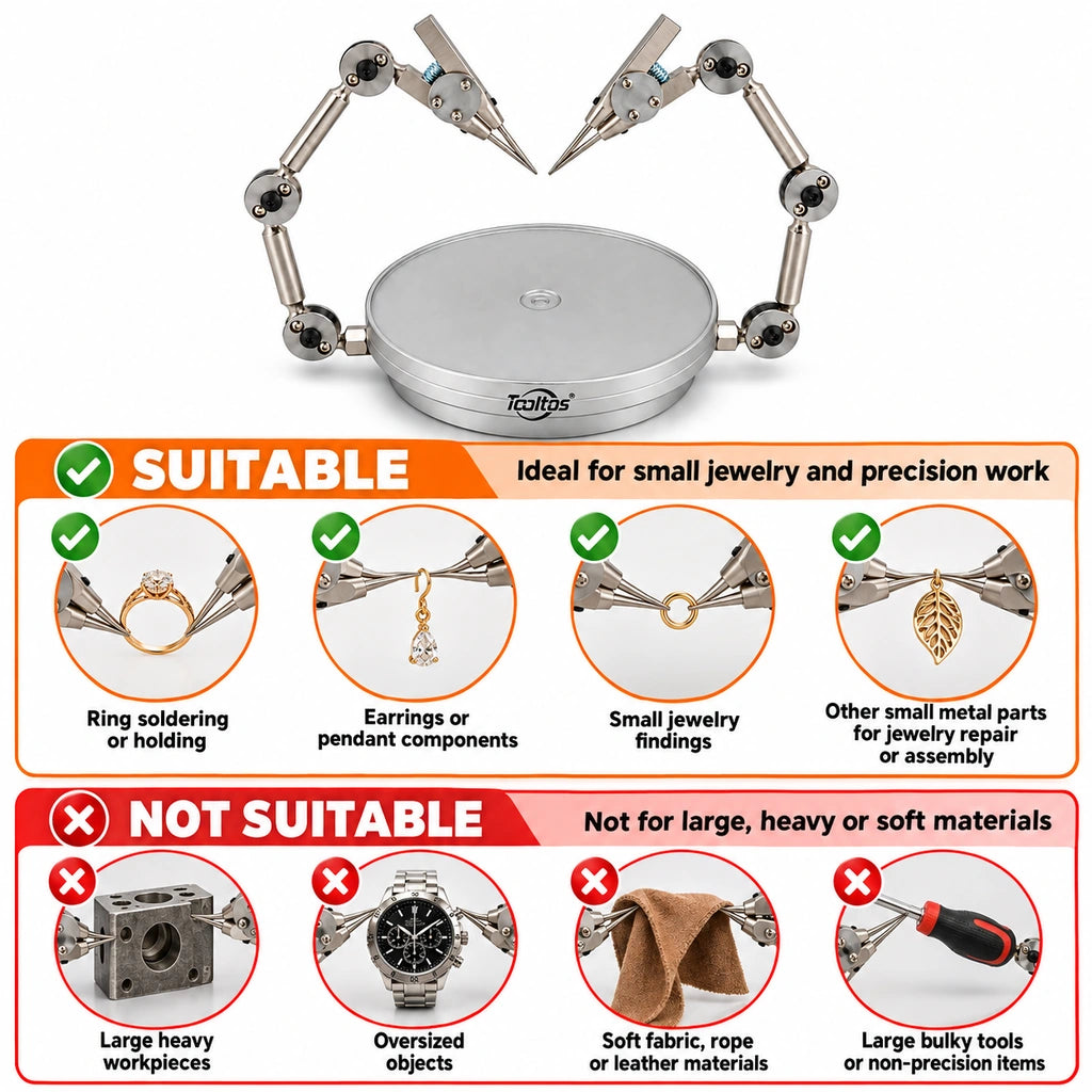 Helping hands application chart showing small jewelry holding tasks and unsuitable heavy, bulky or soft objects
