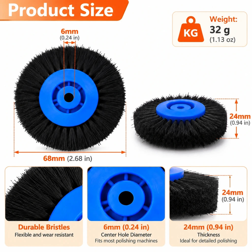 Blue hub nylon brush wheel size diagram showing 68 mm diameter, 24 mm thickness and 6 mm bore