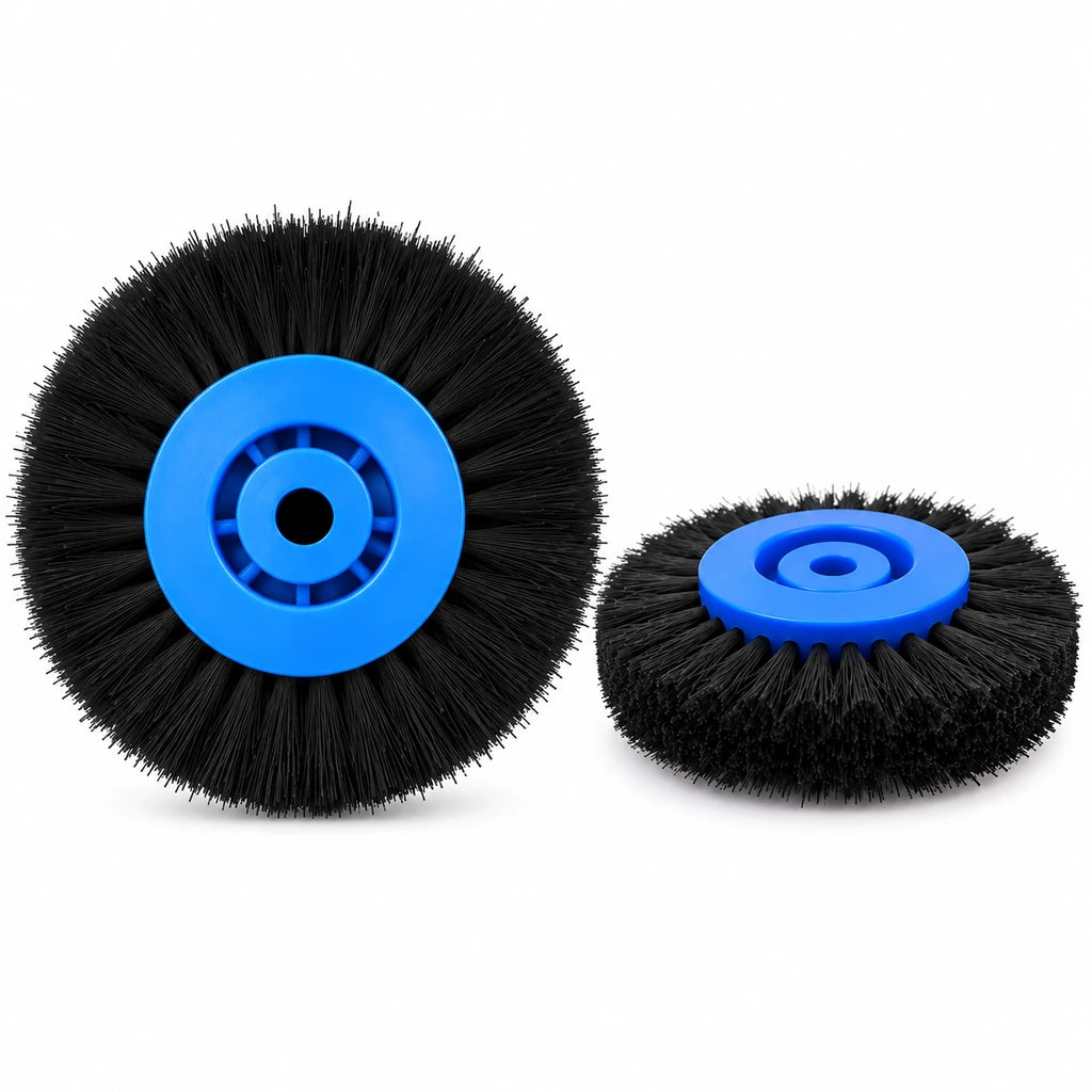 Blue hub nylon polishing brush wheel with black bristles shown from front and angled views