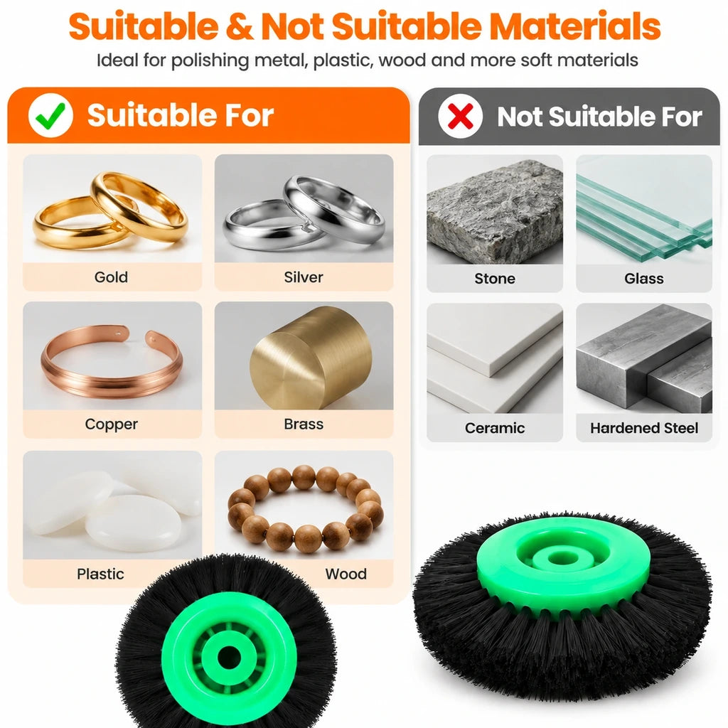 Green hub nylon brush wheel material chart comparing metals, plastic and wood with stone and glass