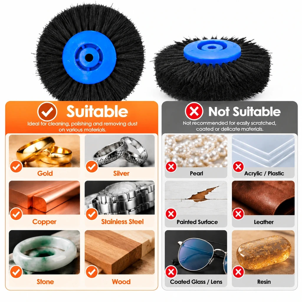 Blue hub nylon brush wheel material chart comparing metals, stone and wood with delicate surfaces