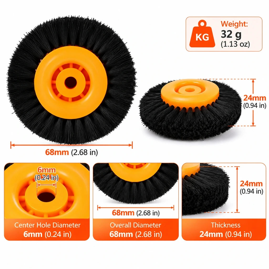 Orange hub nylon brush wheel dimensions showing 68 mm diameter, 24 mm thickness and 6 mm bore