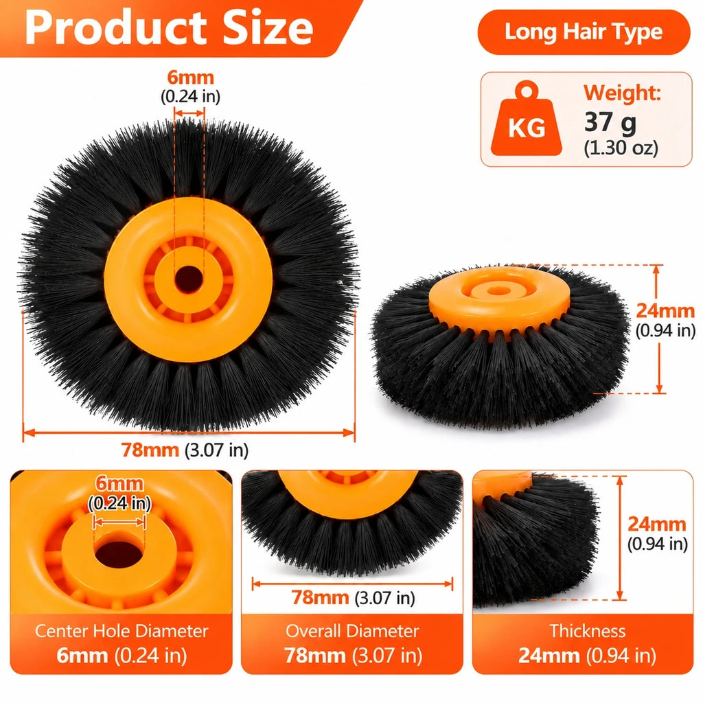 Orange hub long bristle nylon brush wheel size chart showing 78 mm diameter and 24 mm thickness