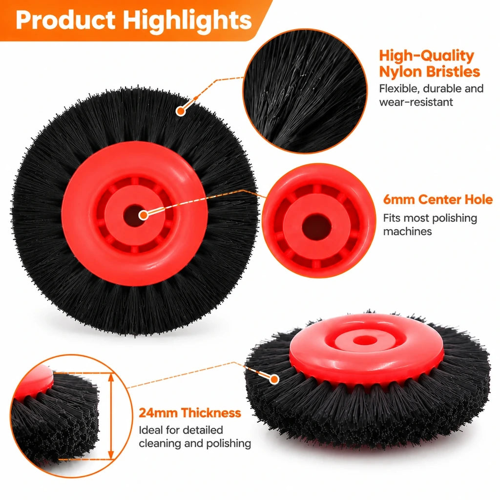 Red hub nylon brush wheel highlighting bristle detail, 6 mm center hole and 24 mm thickness