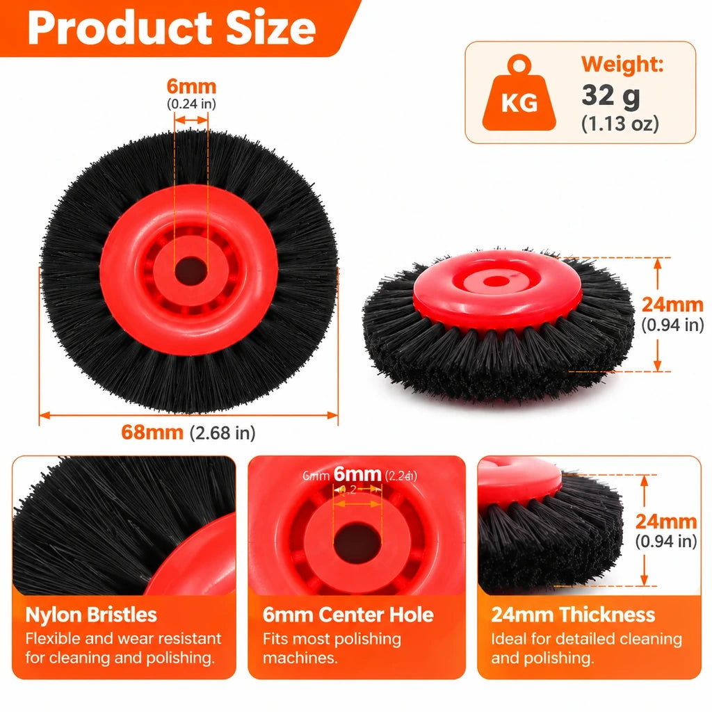 Red hub nylon polishing brush wheel size diagram showing 68 mm diameter and 24 mm thickness