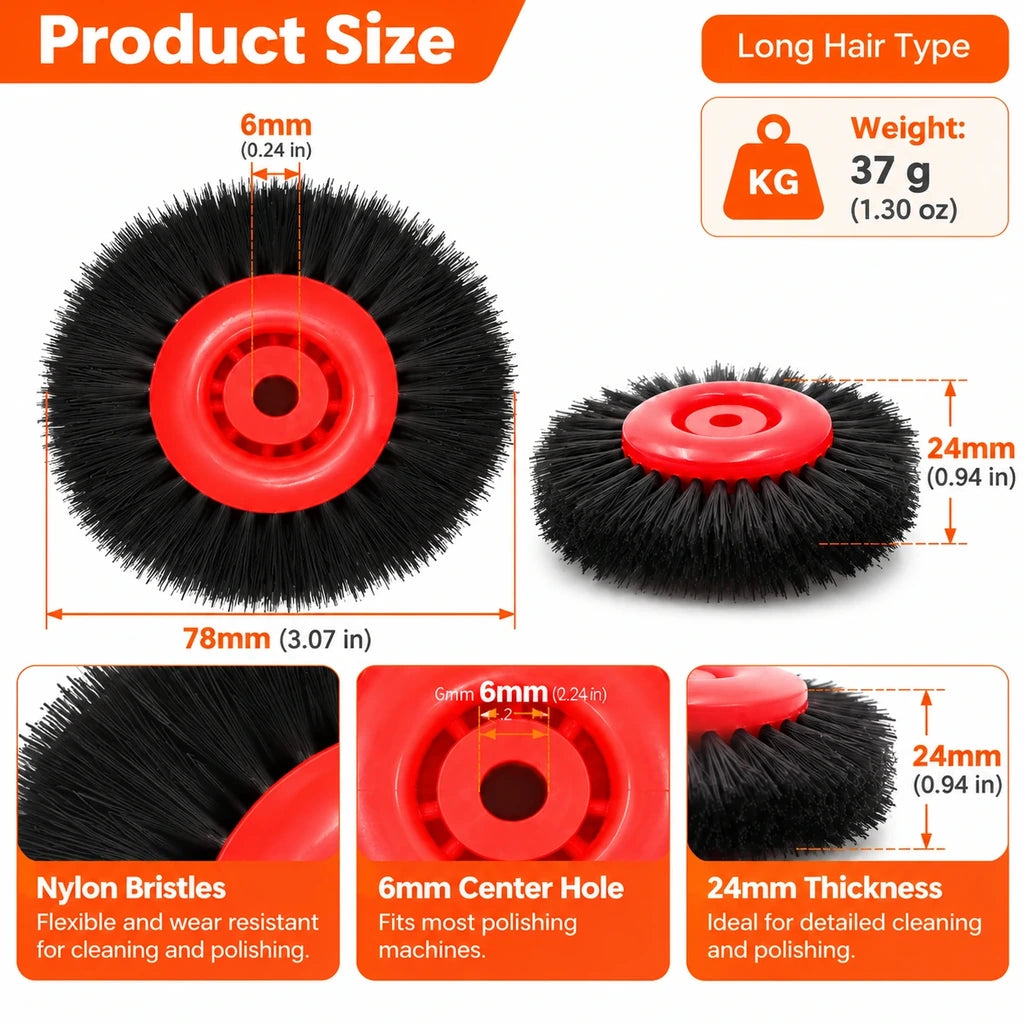 Red hub long bristle nylon brush wheel size diagram showing 78 mm diameter and 24 mm thickness