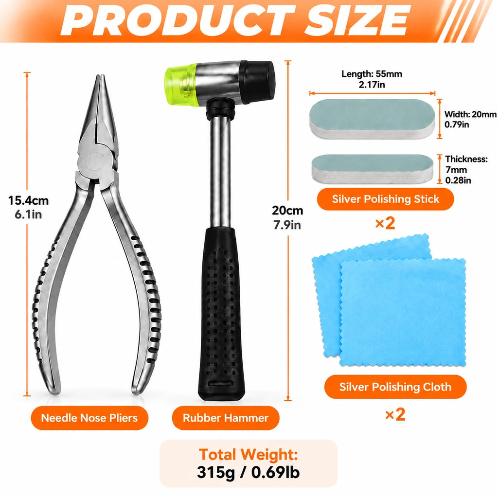 Jewelry tool kit dimensions showing 154 mm pliers, a 200 mm hammer and 55 by 20 by 7 mm polishing sticks