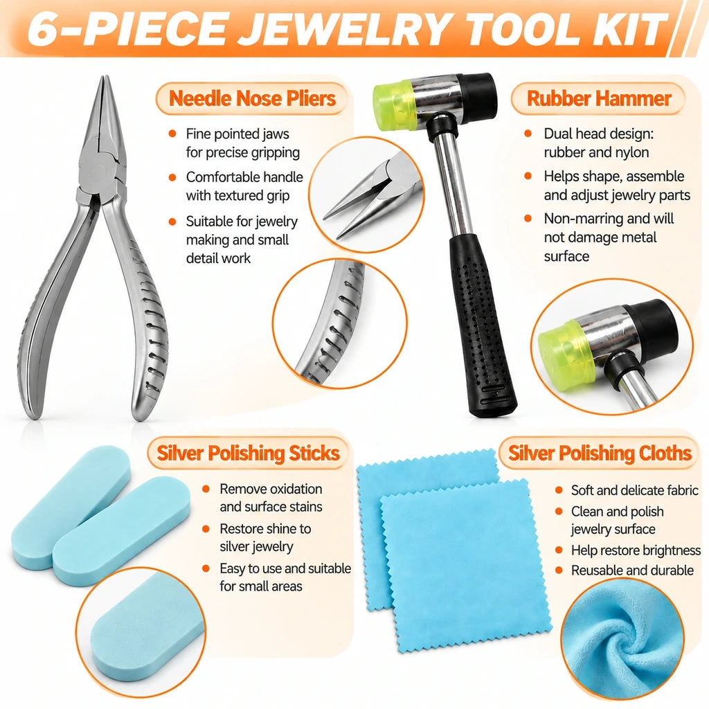 Jewelry tool kit overview showing needle nose pliers, dual-head hammer, silver polishing sticks and cloths
