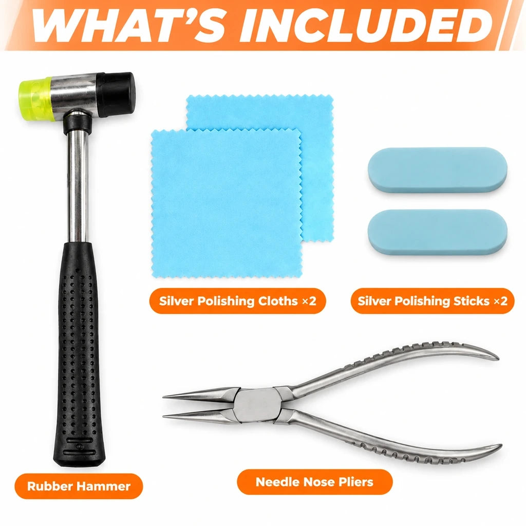 Kit contents showing one hammer, one pair of needle nose pliers, two silver polishing sticks and two cloths