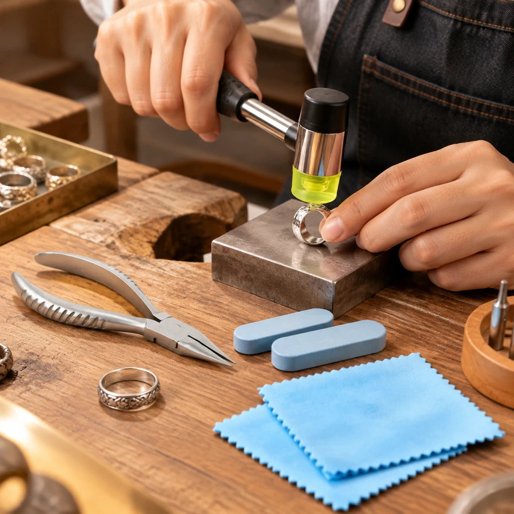 Using a soft-head hammer on a ring at a jewelry workbench with pliers, polishing sticks and cloths nearby