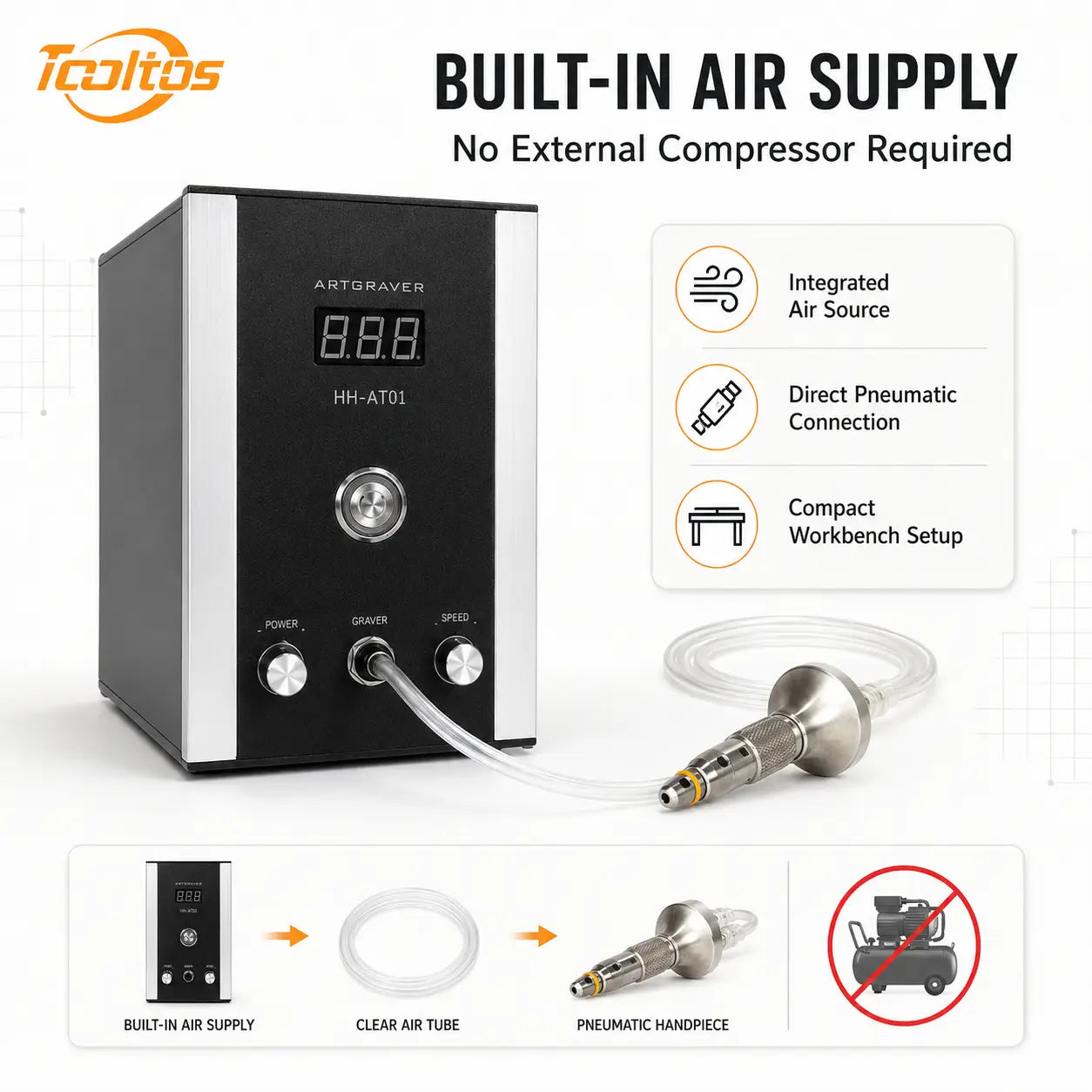 Tooltos 100W Pneumatic Jewelry Engraving Machine with Built-In Air Supply and Foot Pedal