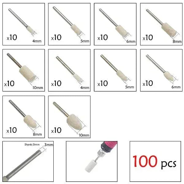 Tooltos Jewelry Tool 100pcs Multifunctional Wool Felt Mandrel Mounted Grinding Polishing Set