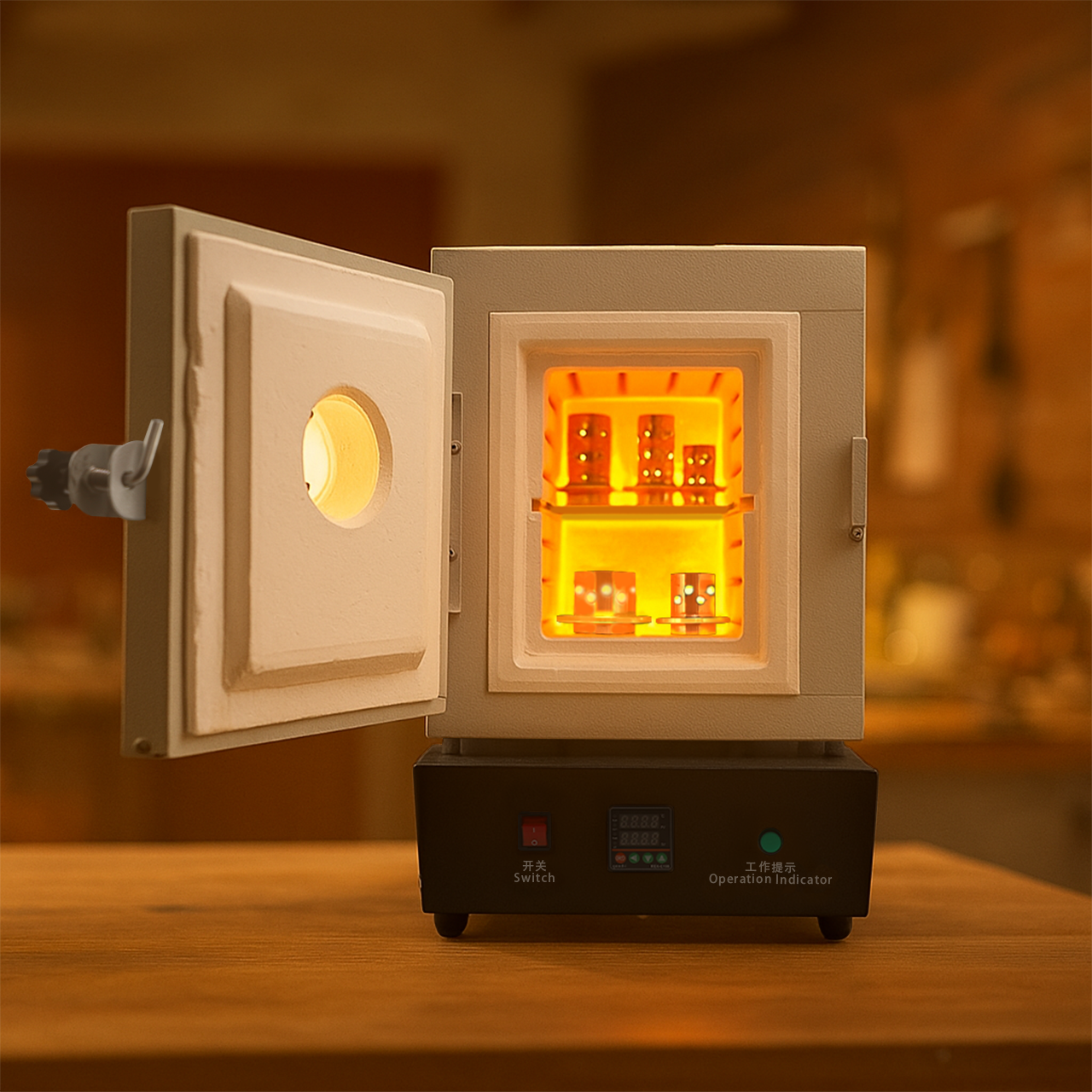 Tooltos 1150°C burnout furnace heating chamber glowing at high temperature