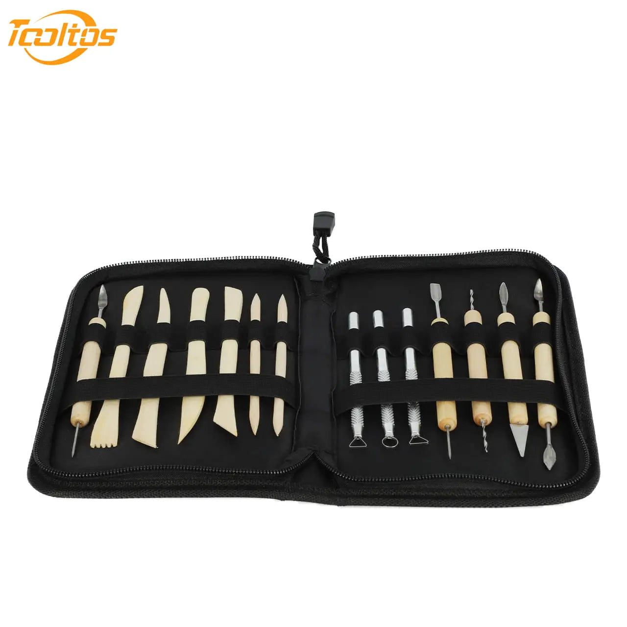 Tooltos 14-piece clay sculpting tool kit showing all tool shapes and sizes