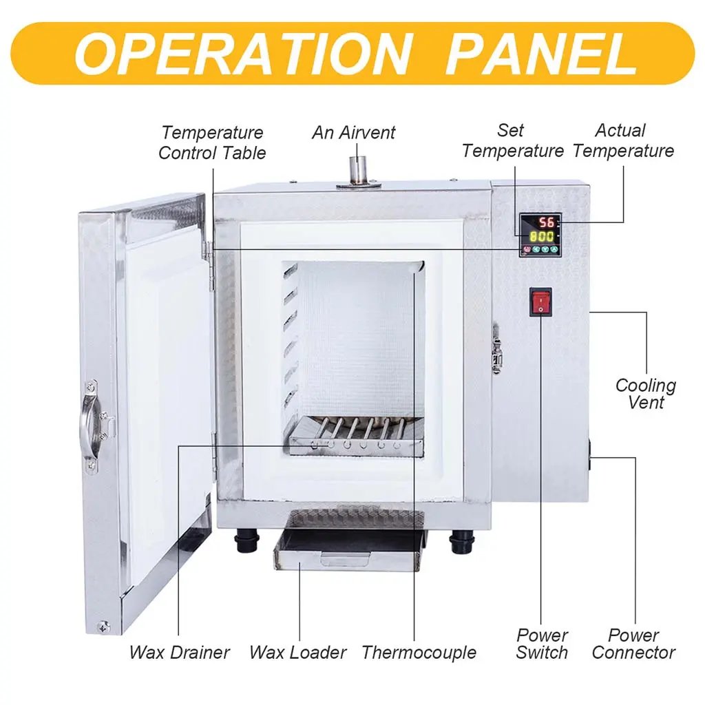 Operation panel diagram showing temperature control, airvent, wax drainer, thermocouple and cooling vent