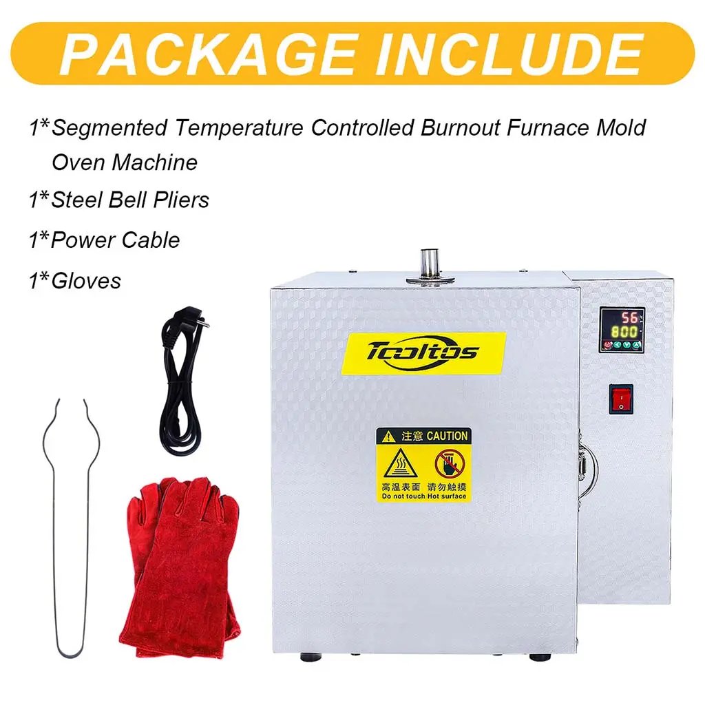 Package contents: Tooltos burnout furnace, steel bell pliers, power cable and heat-resistant gloves