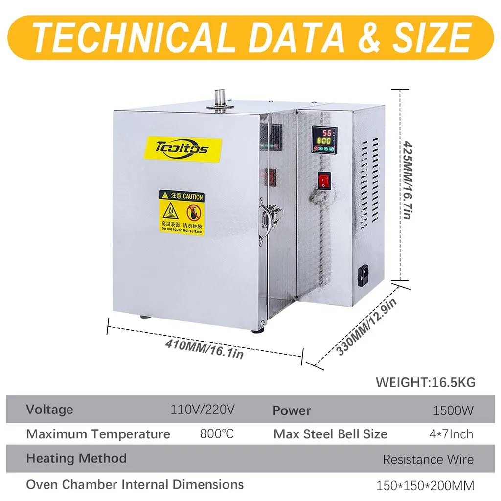 Technical specifications of Tooltos burnout furnace: 410x330x425mm, 1500W, 800C max temperature