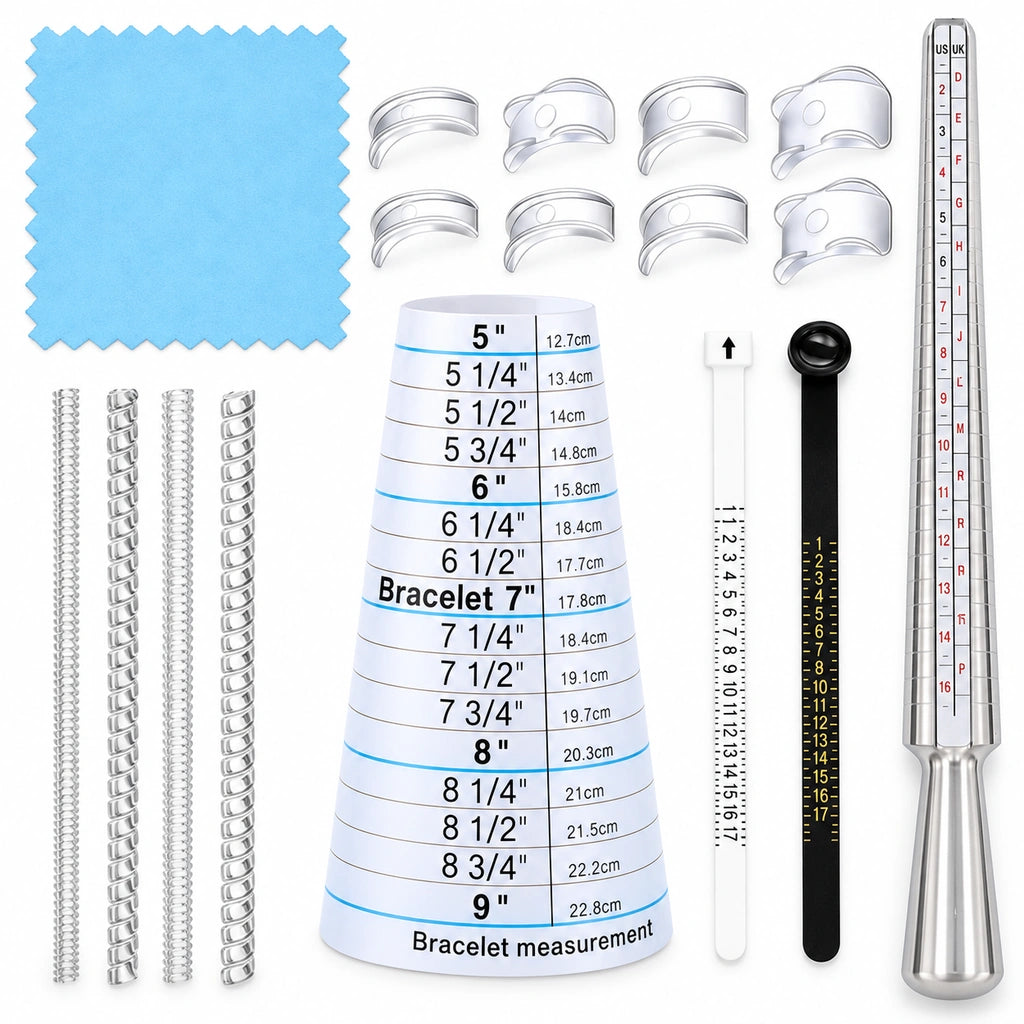 Tooltos ring and bracelet sizing adjustment kit with ring mandrel, measuring belts, adjusters and polishing cloth