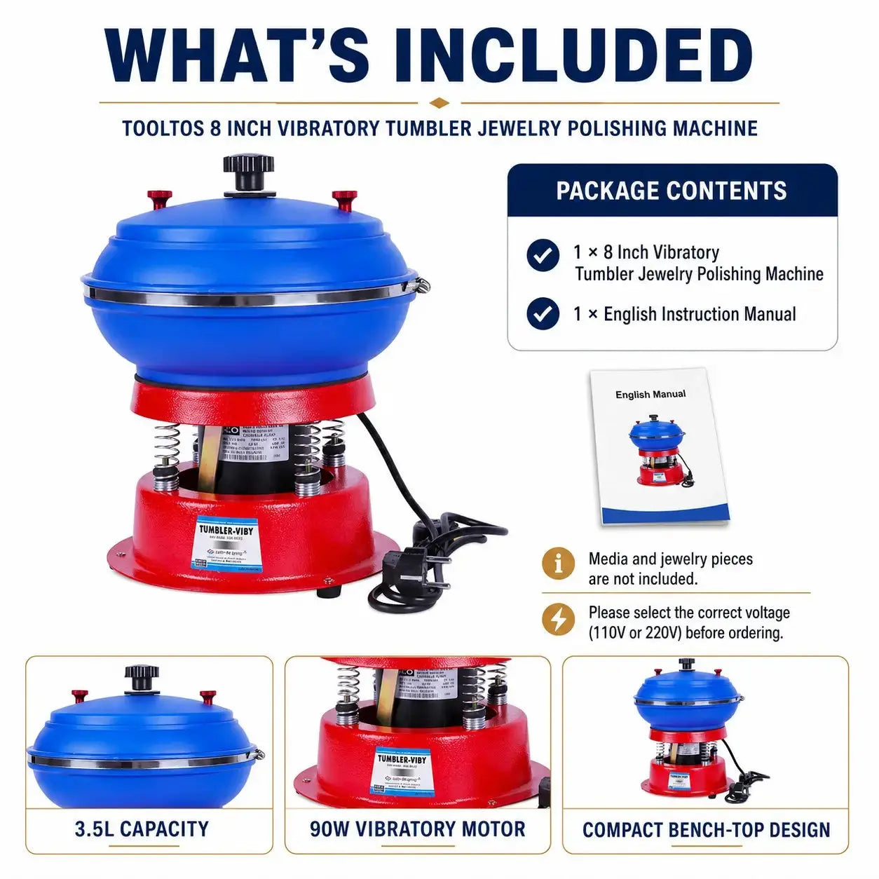 Package contents: Tooltos 8 inch vibratory tumbler polishing machine and English instruction manual