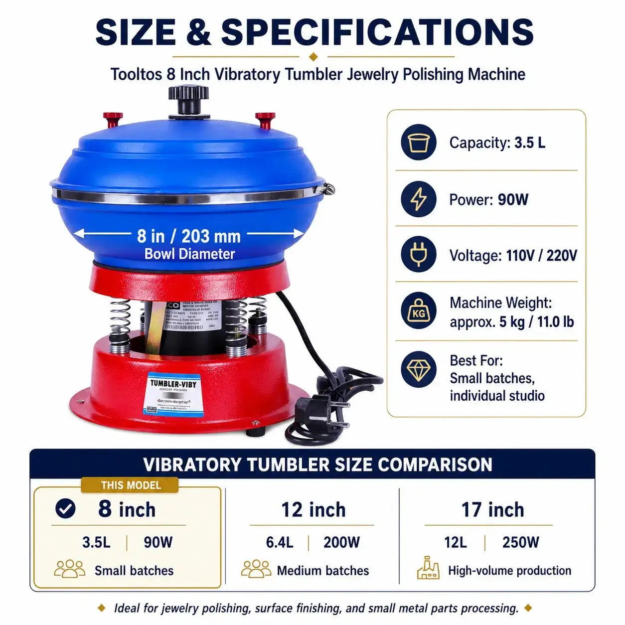Size and specifications of Tooltos 8 inch vibratory tumbler: 3.5L capacity, 90W, 110V or 220V, 5kg