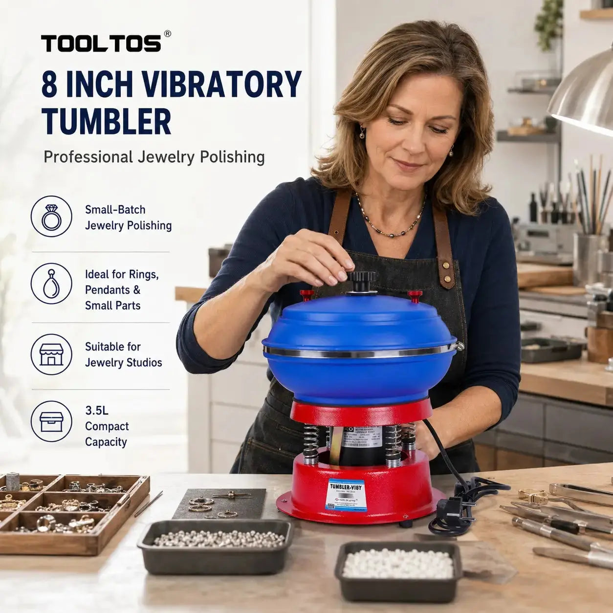 Tooltos 8 inch jewelry tumbler polisher side view showing spring suspension and motor base
