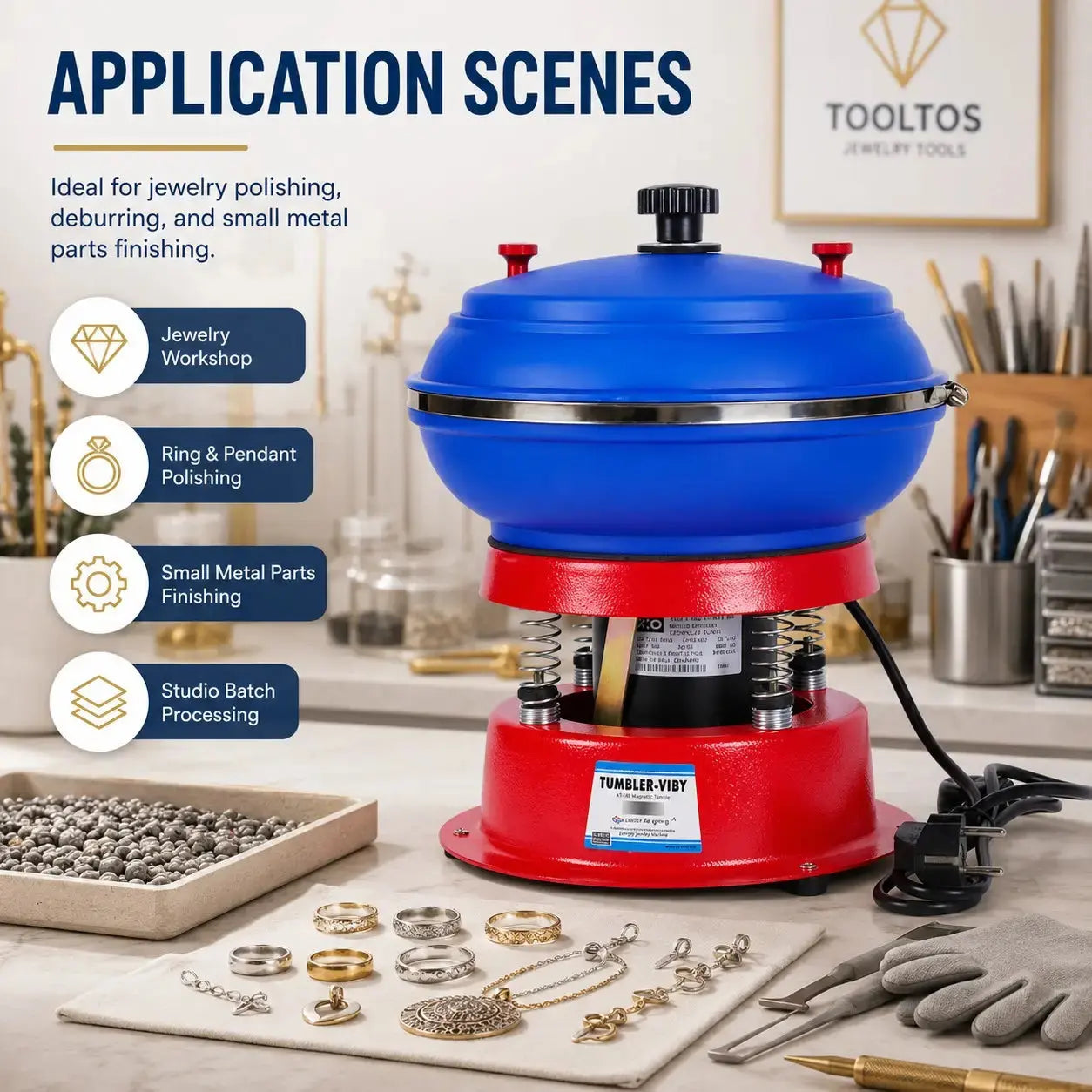 Tooltos vibratory tumbler polishing machine with blue bowl and red cast iron base