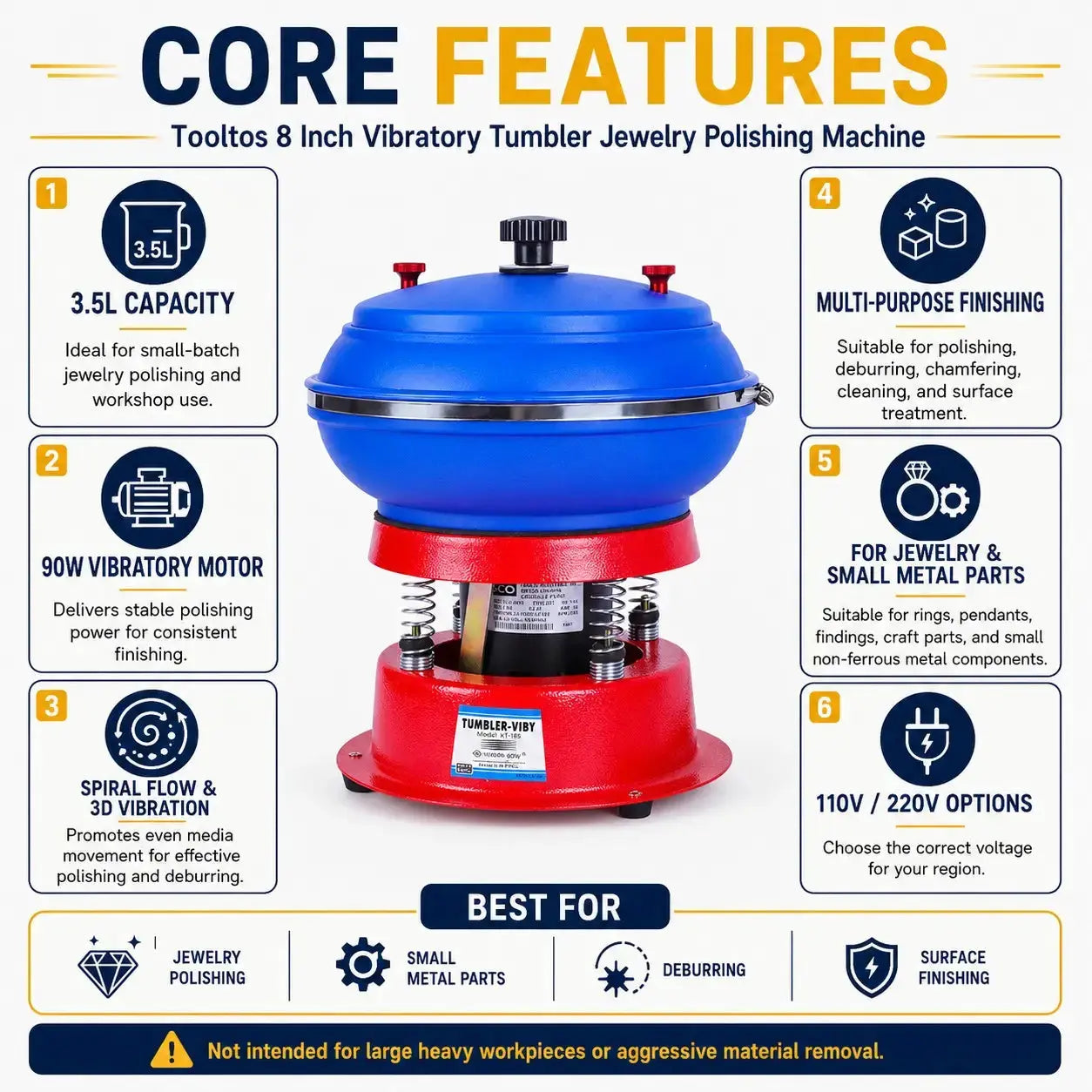 Core features of Tooltos vibratory tumbler: 3.5L bowl, 90W motor, spiral flow 3D vibration, multi-purpose finishing