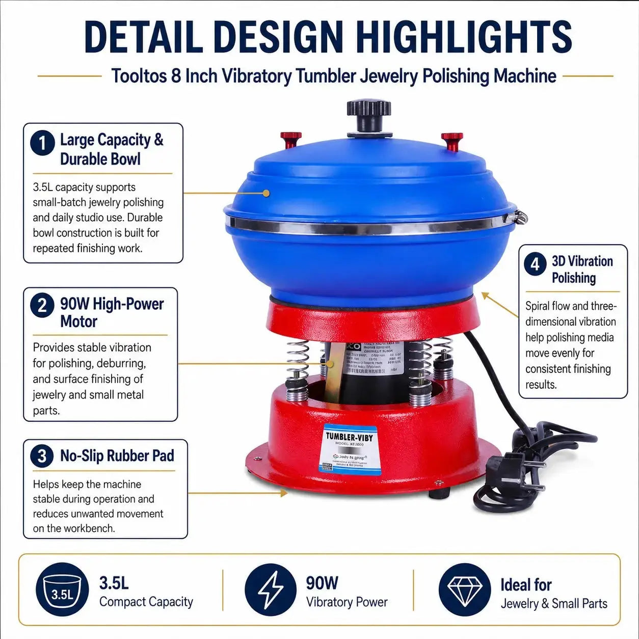 Detail design highlights: large capacity bowl, 90W high-power motor, no-slip rubber pad and 3D vibration polishing