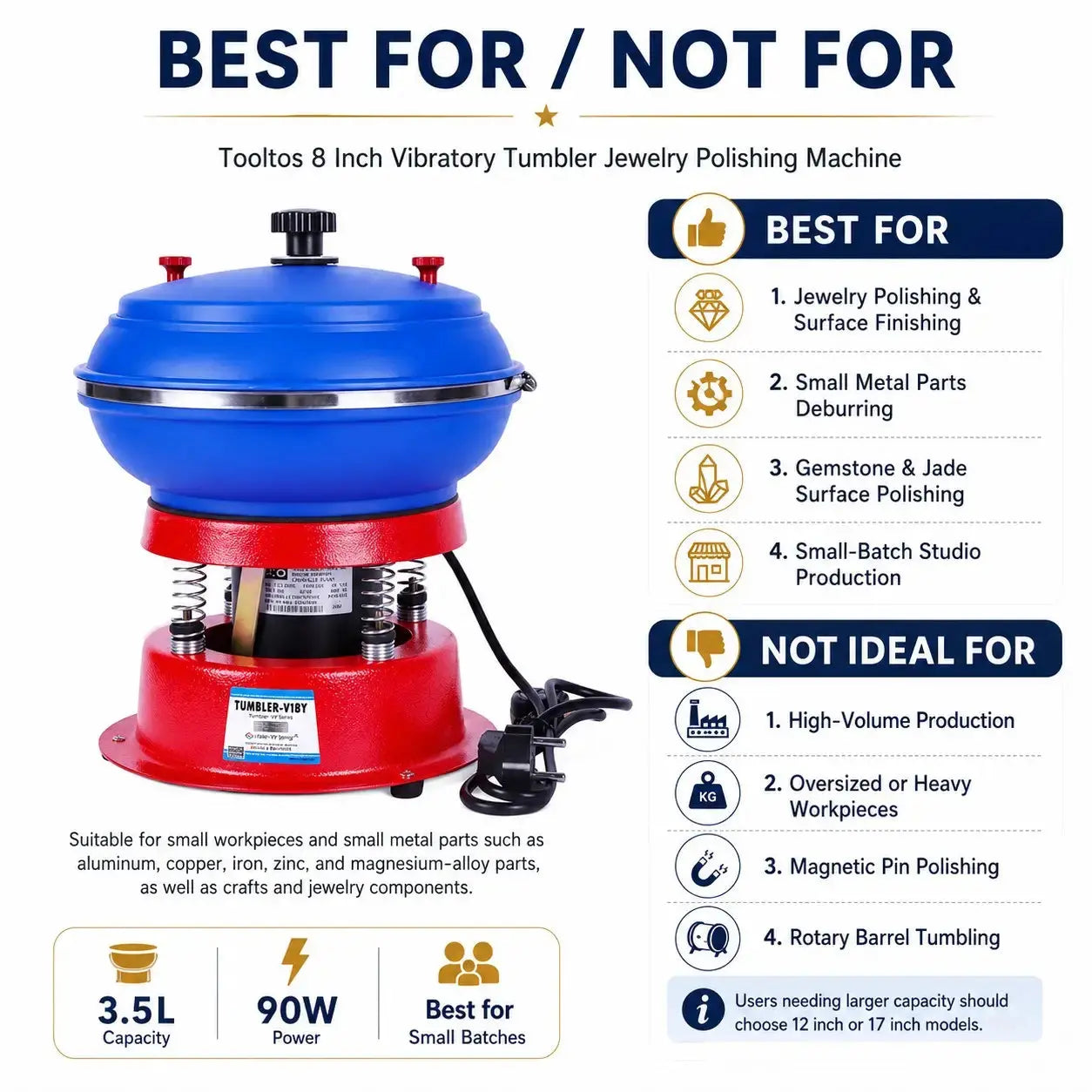 Best for jewelry polishing and small metal deburring, not ideal for high-volume production or oversized workpieces