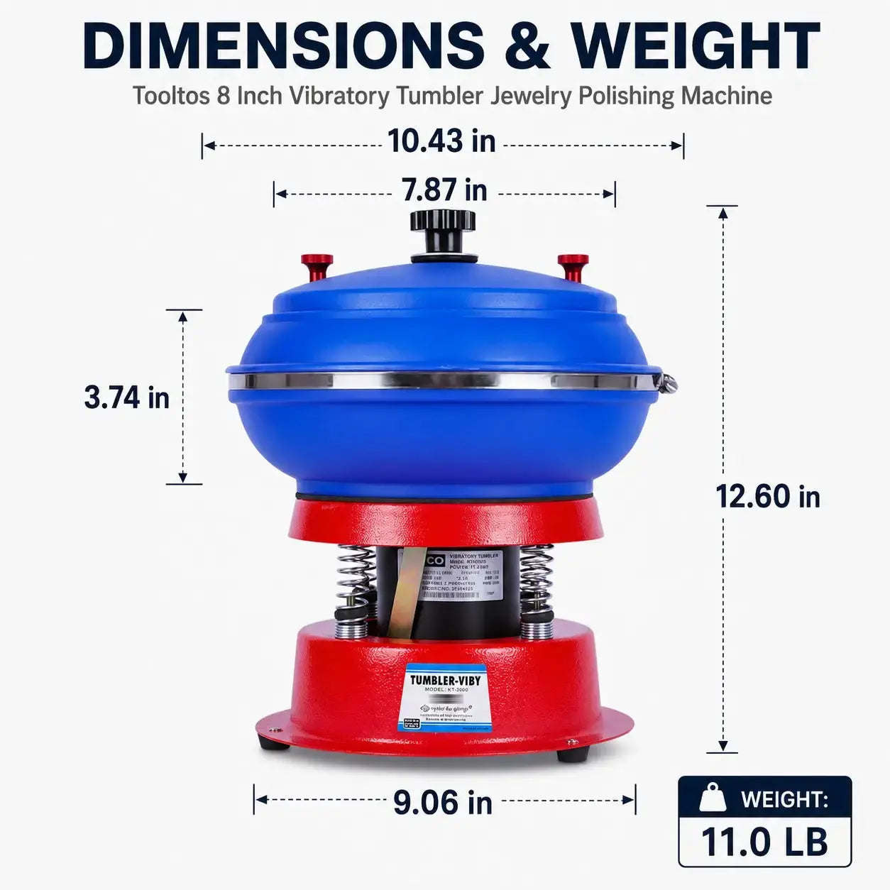 Dimensions and weight of Tooltos 8 inch vibratory tumbler: 10.43x9.06x12.60 inches, 11.0 lb