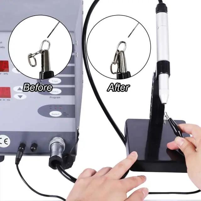 Before and after comparison showing Tooltos CNC spot welder closing a jump ring clasp with precision tungsten electrode