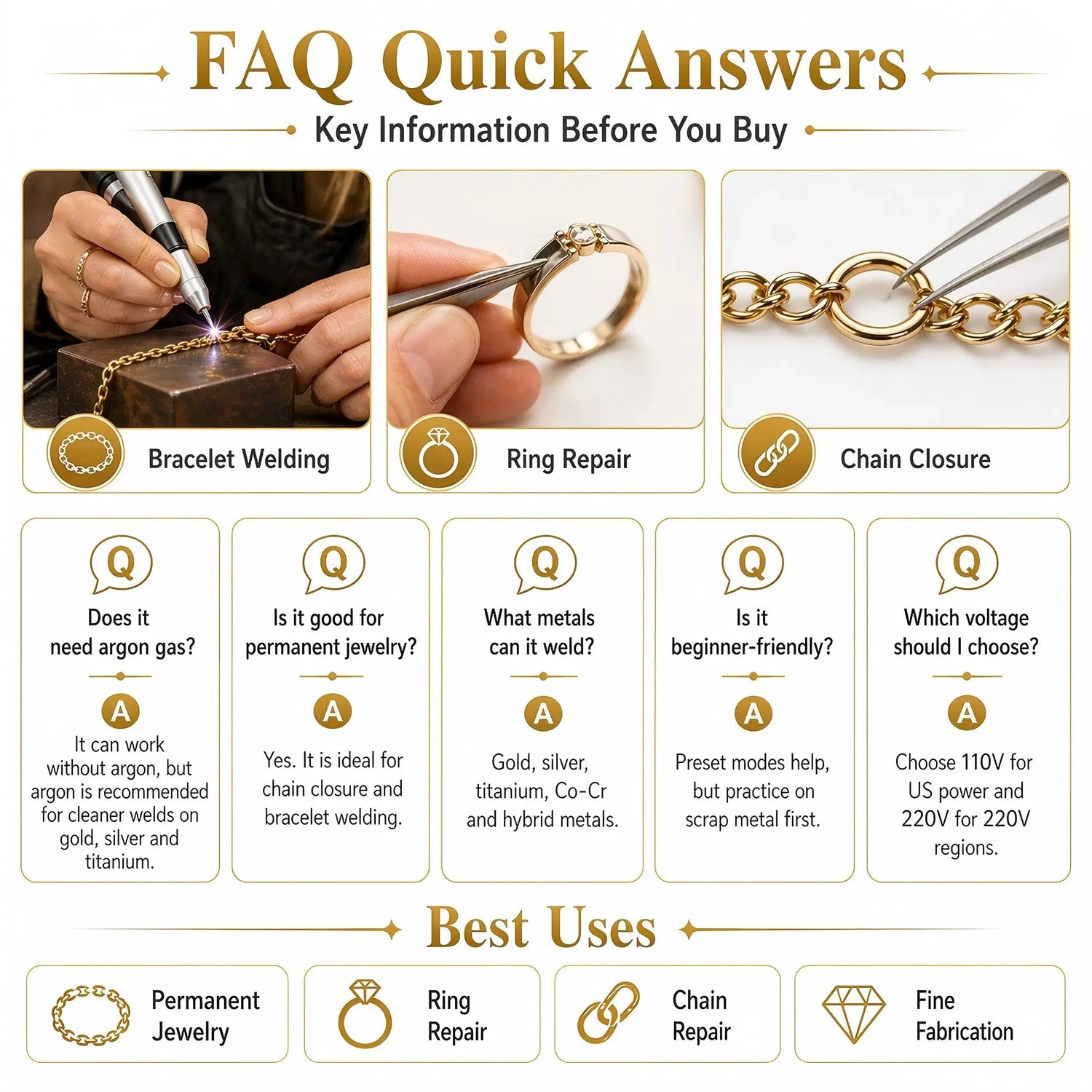 FAQ for Tooltos jewelry spot welder covering argon gas use, compatible metals, voltage selection and best applications
