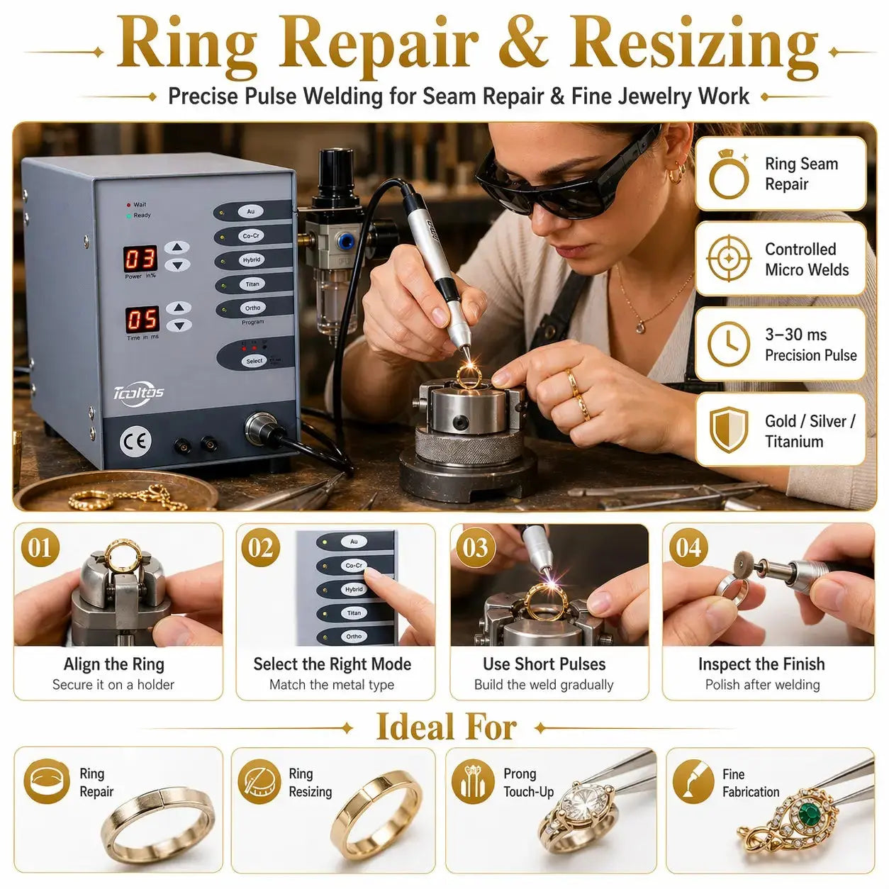 Tooltos argon arc spot welder for ring repair and resizing with 3-30ms precision pulse control for gold silver and titanium