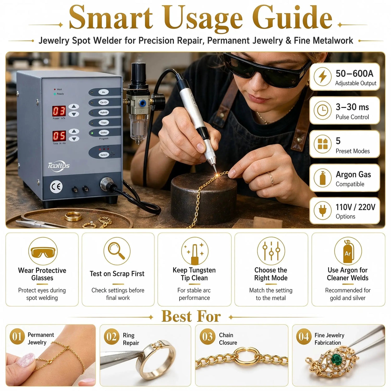 Tooltos CNC spot welder smart usage guide showing 5 preset modes, 50-600A output and best uses for permanent jewelry and ring repair