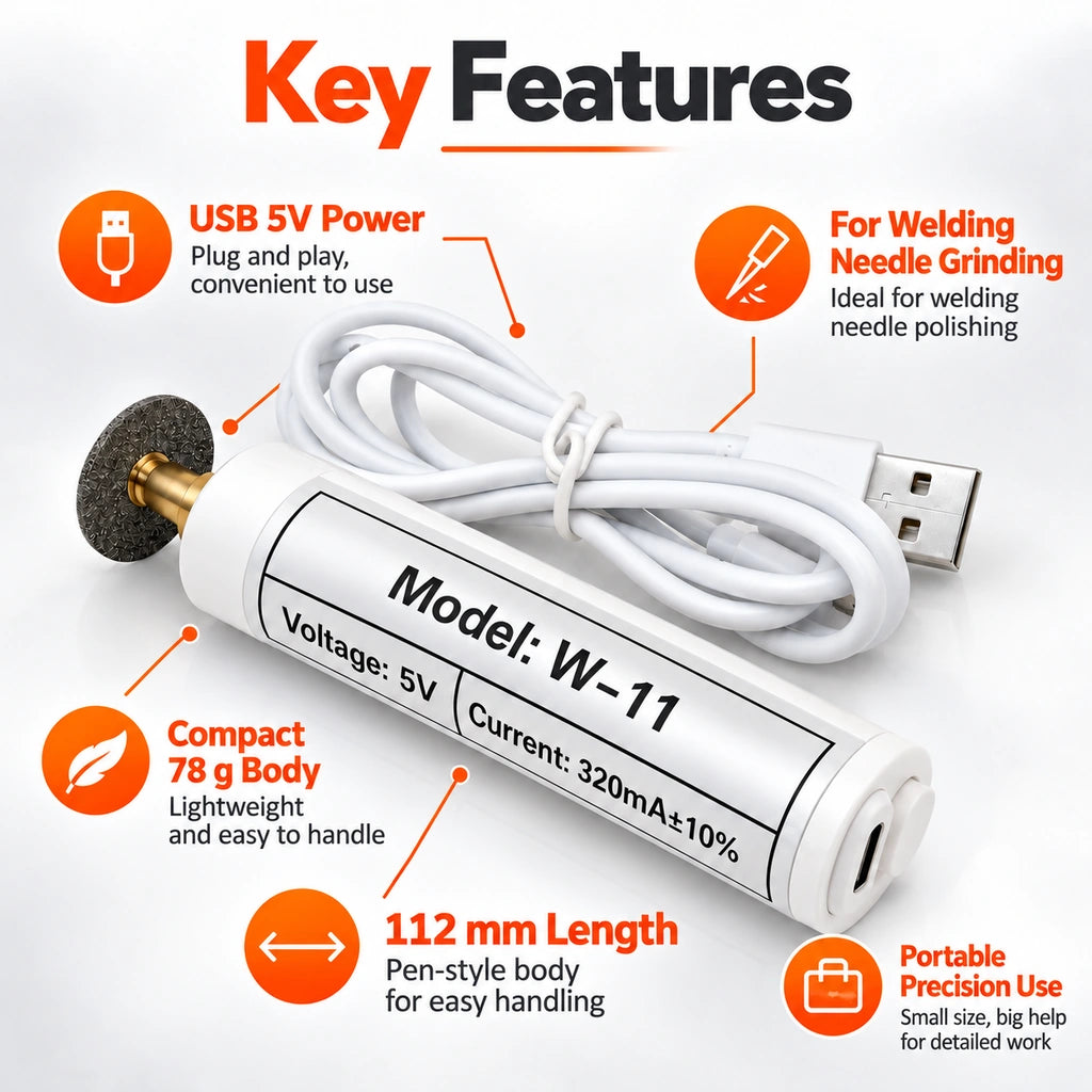 White welding needle grinder features showing 5V USB power, 78 g weight and 112 mm length