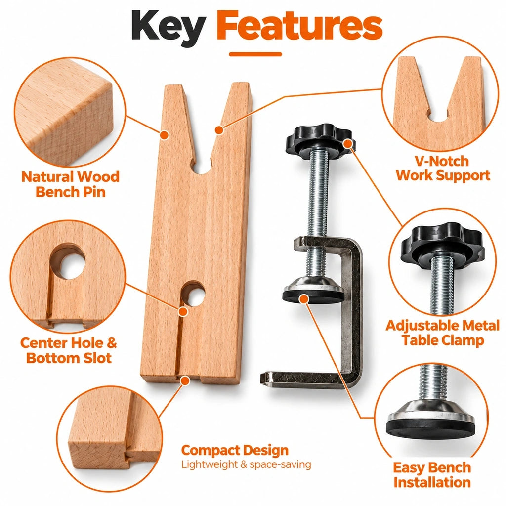 Wooden bench pin features showing the V notch, center hole, mounting slot and adjustable metal screw clamp.