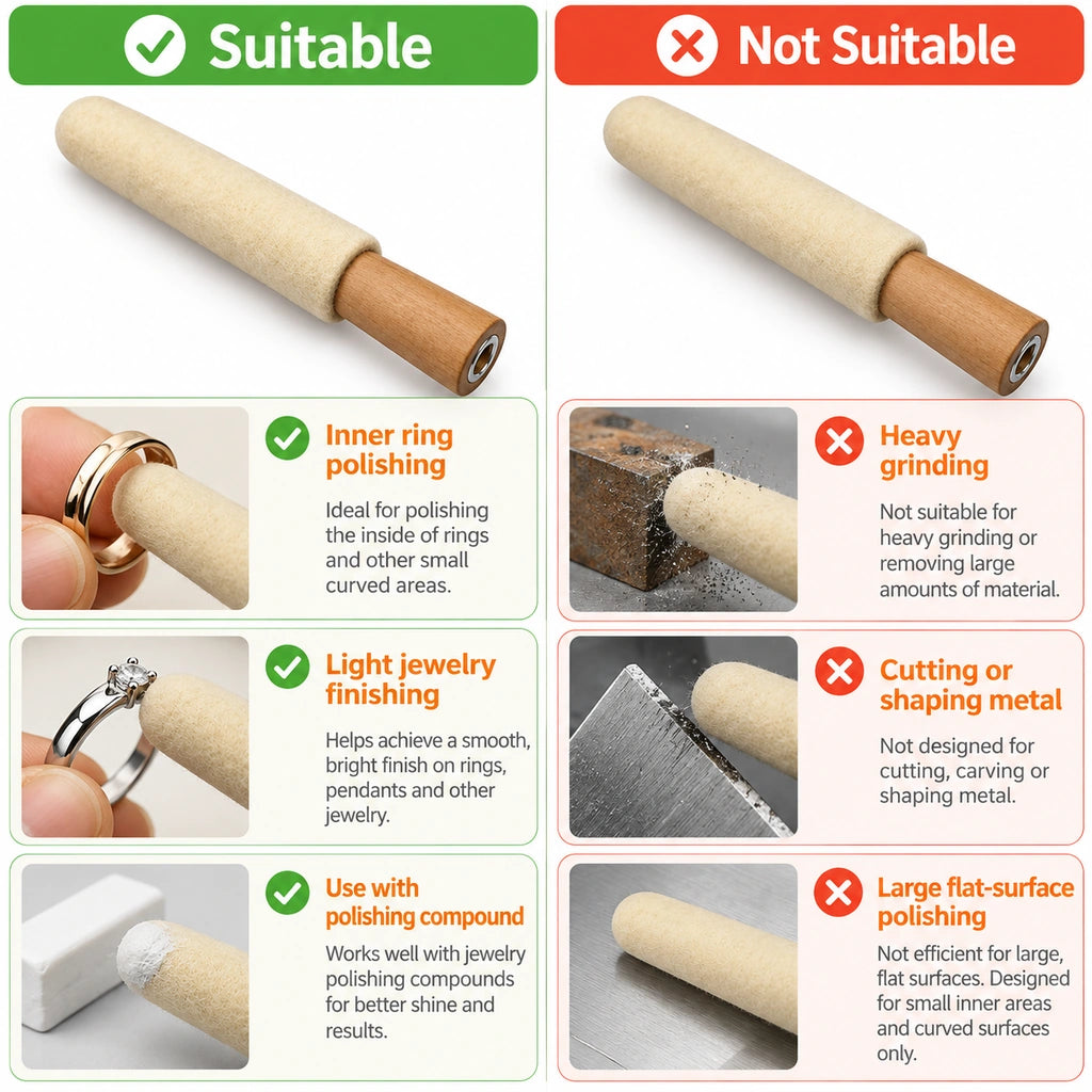Illustrated guide showing suitable uses and precautions for the wool ring polishing stick