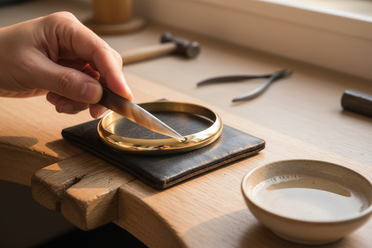 Jeweler using a flat agate burnisher blade to planish a gold bangle, achieving a mirror finish surface
