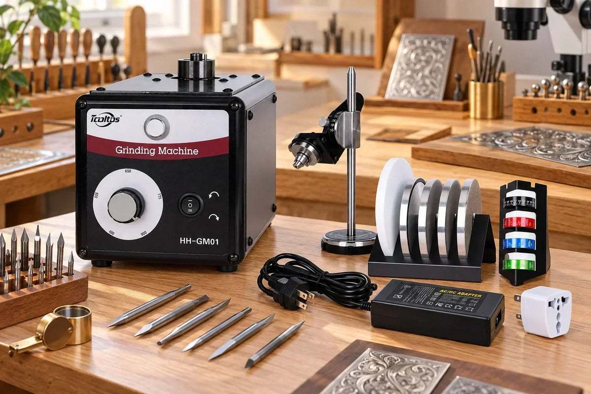 Tooltos HH-GM01 engraving knife grinding machine with diamond wheels, angle fixture and gravers on a jewelry workbench