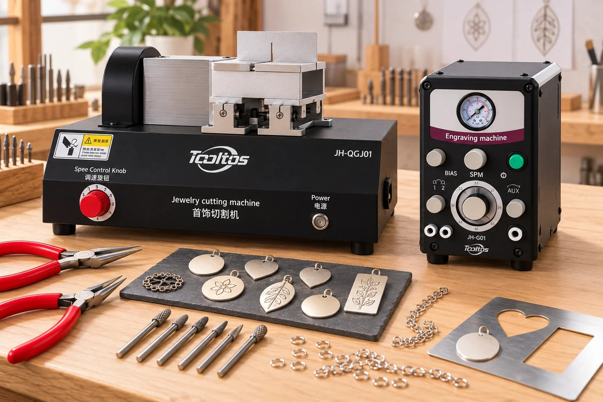 Jewelry cutting and engraving equipment on a wooden workbench with metal pendant blanks, pliers, and engraving tools.