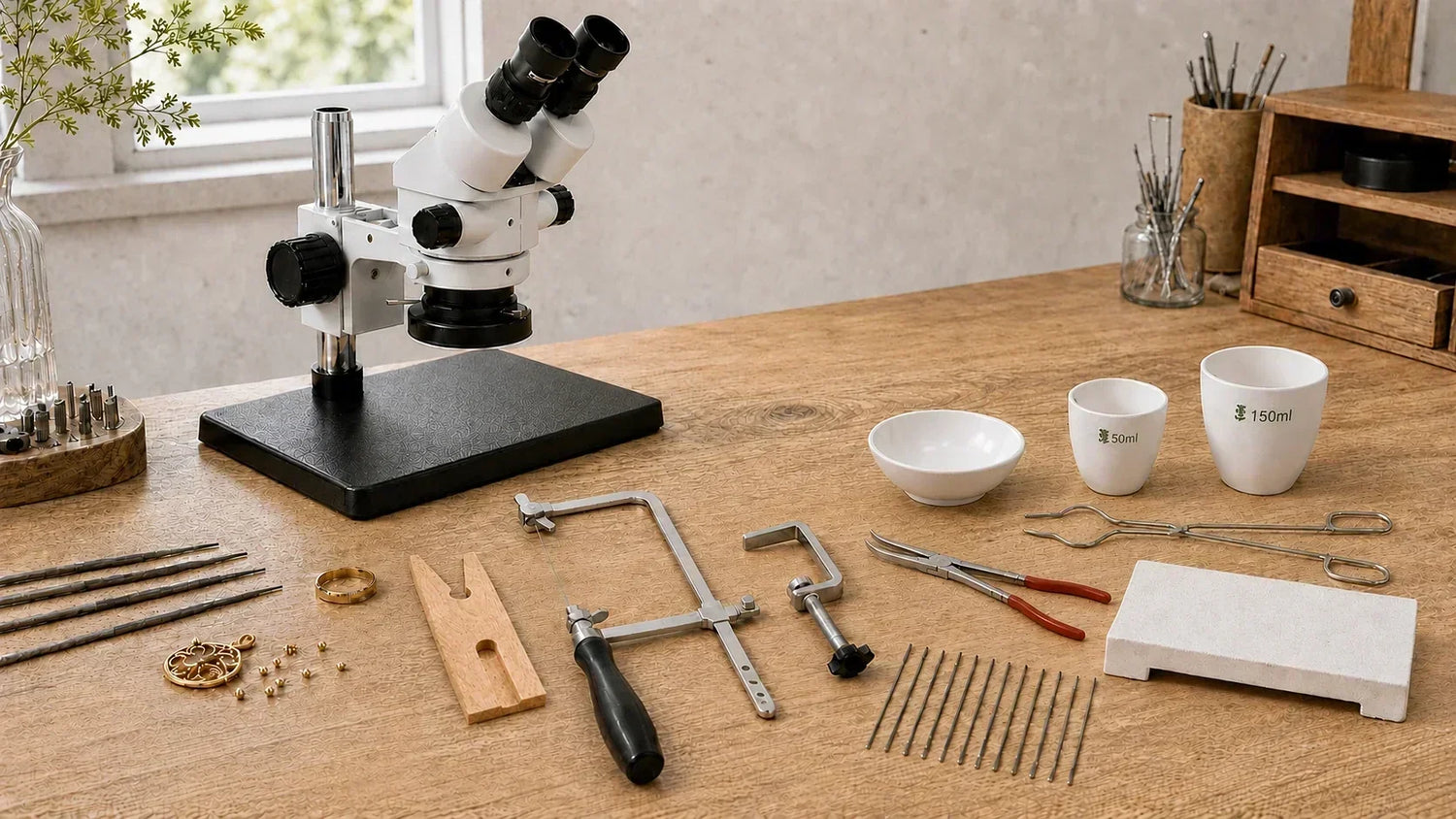 Jewelry making tool set with microscope, crucibles, saw frame, pliers, bench pin and soldering block on a workbench.