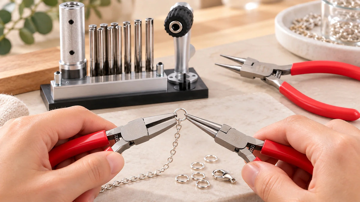 Hands using two red handled jewelry pliers to open a jump ring, with a manual jump ring maker and loose rings on the workbench.